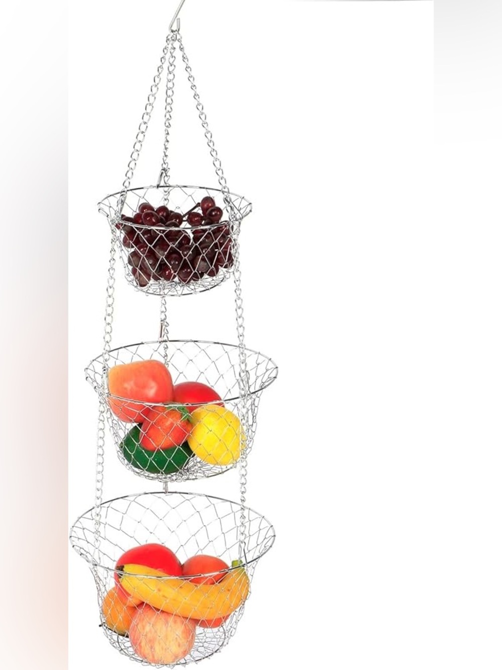 Wire 3-Tier Hanging Fruit Collapsible Basket Storage Silver vegies Kitchen rack